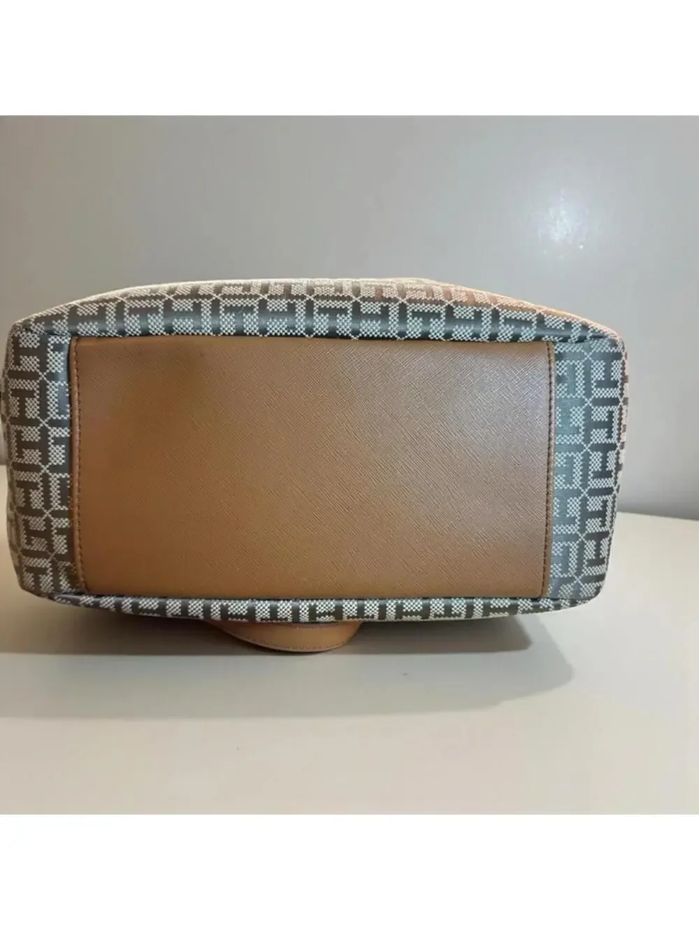 Tommy Hilfiger Satchel Bag Monogram Pattern brown Faux Leather Trim